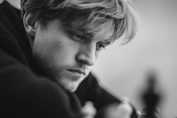 Obraz premium dynamic portrait of chess player deep in thought with contemplative expression on their face