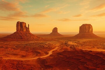 Stunning sunrise scene of a scenic desert landscape featuring iconic rock formations and warm golden hues with a vintage Instagram filter