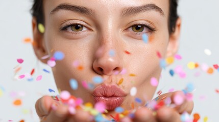 Woman blowing colorful confetti isolated on white background