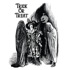 Vintage Halloween Trick or Treat Illustration – Retro Witch and Ghost Engraving Style