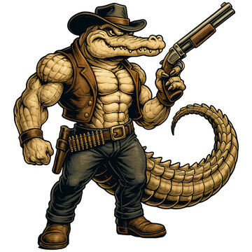 Muscular Cowboy Alligator Holding Shotgun &ndash; Anthropomorphic Crocodile Character in Western Outfit Isolated on Black Background