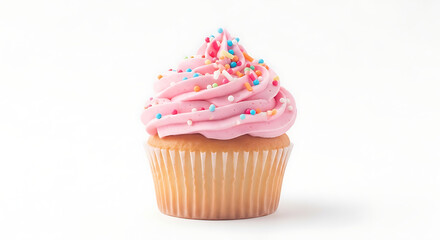 Single cupcake with pink frosting swirl and colorful sprinkles resting on golden sponge cake, isolated on transparent background, representing celebration, sweetness and festive joy