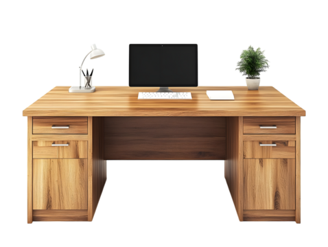 Modern wooden executive desk with computer and lamp isolated on transparent background