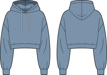 Trendy oversized cropped hoodie flat sketch, featuring a drawstring hood, ideal blank vector template for modern casual and streetwear fashion apparel designs.