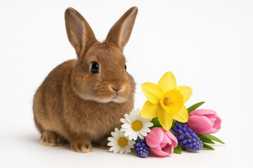 Obraz premium Springtime Bunny surrounded by blossoms on a plain white backdrop