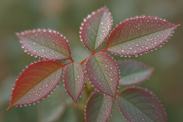 Close-up of fresh morning dew on vibrant young rose leaves during autumn dawn