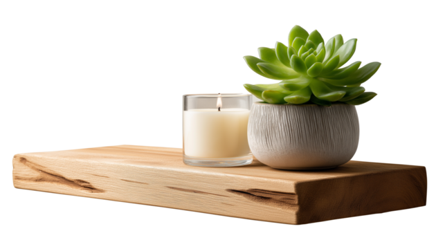 Floating wooden shelf with small green succulent plant and candle, isolated on white background, PNG 