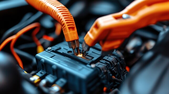 Close-up of orange charging cables connected to EV battery