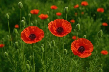 Obraz premium Early summer garden scene featuring vibrant red poppy blooms