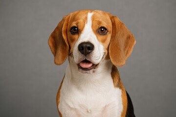 Adorable Beagle puppy against a neutral grey backdrop