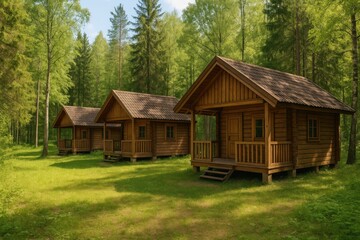 Wooden cottages with verandas nestled in the woods for outdoor relaxation
