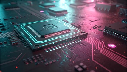 Close up of a futuristic computer motherboard with glowing neon circuit lines