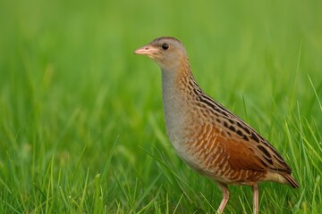 Male bird of the Corn Crake species in a meadow during early summer