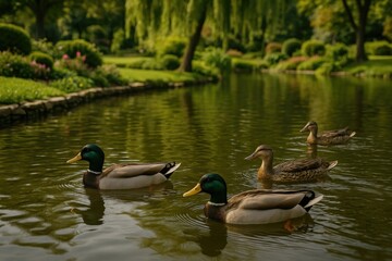 Obraz premium Wildlife sanctuary featuring ducks in a pond and lush garden setting