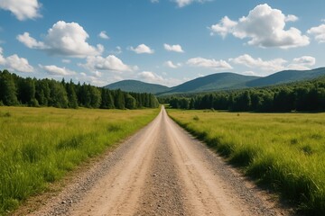 Fototapeta premium Rustic dirt path winding through rural fields and lush greenery for off-road adventure.