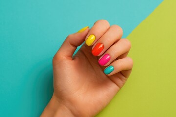 Elegant female hand with stunning manicure against vibrant backdrop