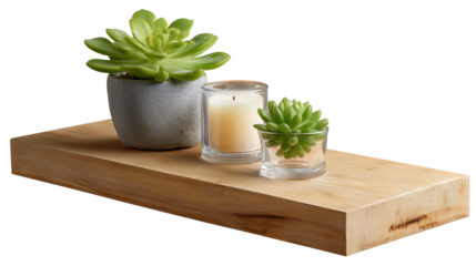 Floating wooden shelf with small green succulent plant and candle, isolated on white background, PNG 
