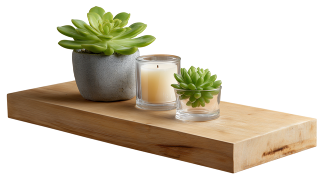 Floating wooden shelf with small green succulent plant and candle, isolated on white background, PNG