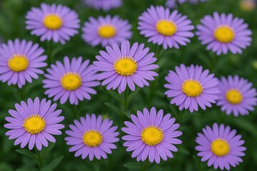 Obraz premium Close-up of vibrant purple Michaelmas daisies in a garden setting with sunny yellow centers