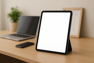 Close-up of a digital device with an empty white display for informational content