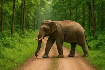 Fototapeta premium Wildlife sanctuary scene featuring an elephant crossing a forest road