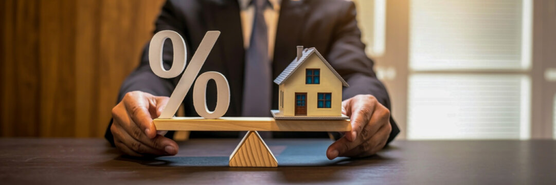 A professional photograph shows an African American holding a wooden balance scale with a percentage symbol on one side and a model house