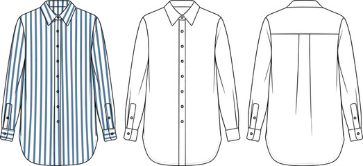 Classic men's long sleeve button-up shirt technical flat sketch, featuring a crisp striped pattern, ideal blank vector template for smart casual apparel designs.
