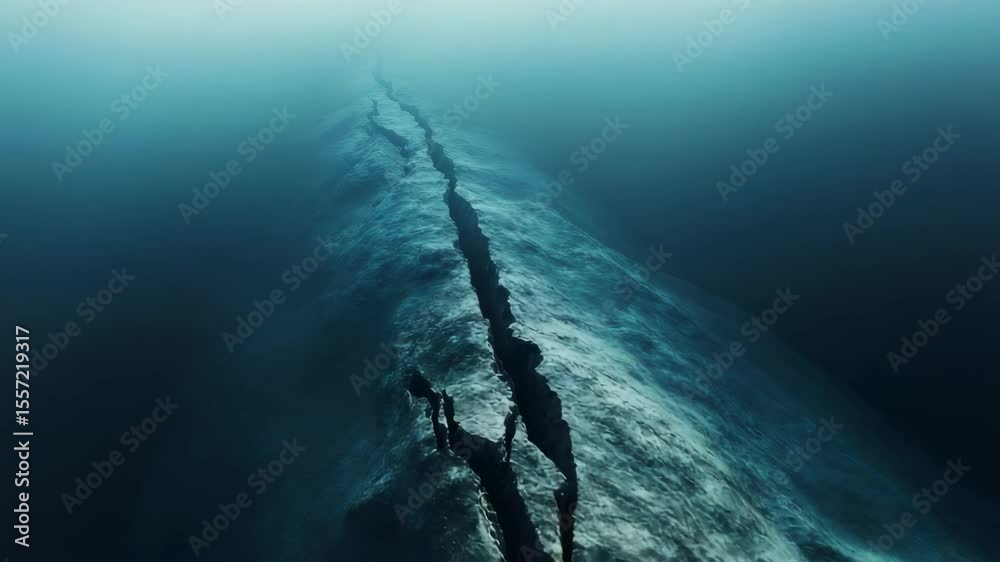 Poster Massive seabed cracking and splitting during powerful underwater geological event, revealing deep fissure forming across ocean floor from intense tectonic movement