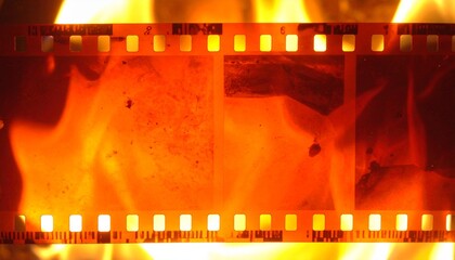 Old 35mm film on fire close up. Flammable celluloid film. Vintage. Twentieth century photography