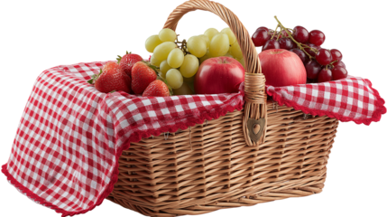 Wicker picnic basket with red gingham cloth and fruits, isolated PNG on white