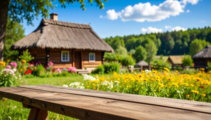 European folklore cottage. Traditional central European countryside. Lunch on the garden