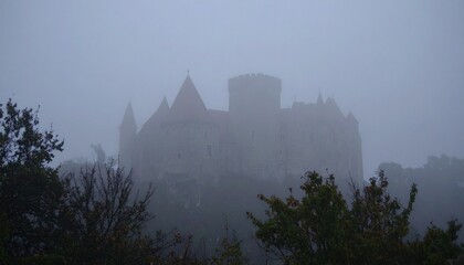 mysterious castle in the fog at dusk, gothic background, romanticism, medieval Europe 