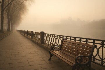 Urban riverside at dawn with mist and a lone bench