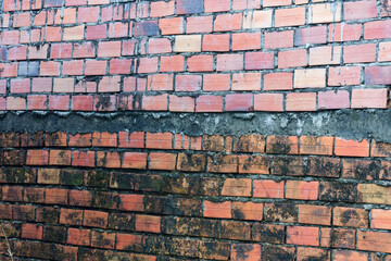 Distressed Brick Wall Texture Revealing Layers of Time and Urban Decay. A Grunge Background of...