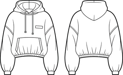 Stylish oversized cropped hoodie flat sketch, featuring a trendy wide elastic hem, perfect blank vector template for modern casual fashion apparel designs.