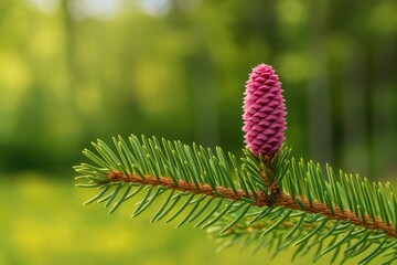 Fototapeta premium Evergreen branch featuring a fresh pine cone