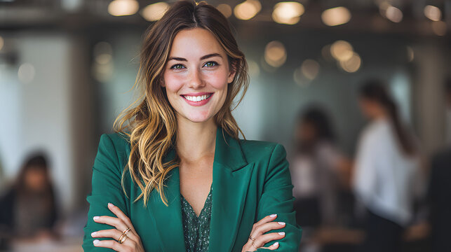 Portrait of a confident and smiling businesswoman in a green blazer, standing with arms crossed in a professional office setting.