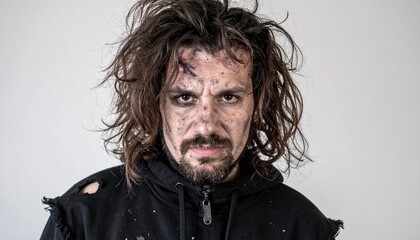 portrait of a homeless feral man in his 30s, studio white background