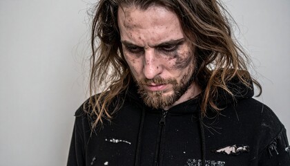 portrait of a homeless feral man in his 30s, studio white background