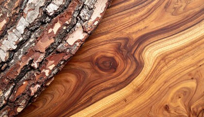 Natural pine wood with bark. Table with wood texture