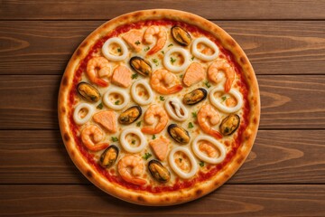 Tasty seafood pizza served on a rustic wooden surface, culinary delight