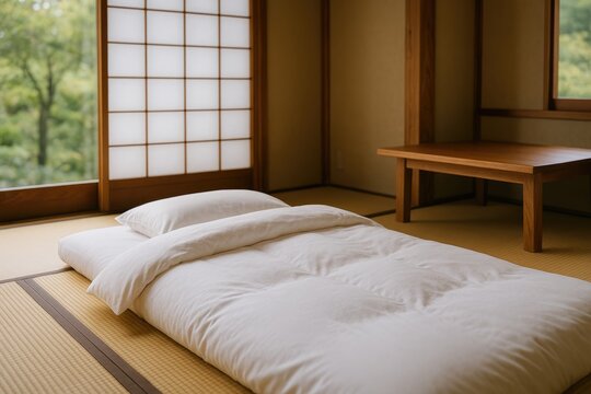 Interior view showcasing a futon setup inside a traditional house