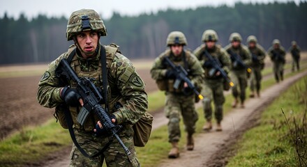 Fototapeta premium Serious Soldier Walking in Camouflage Uniform with Rifle on Path