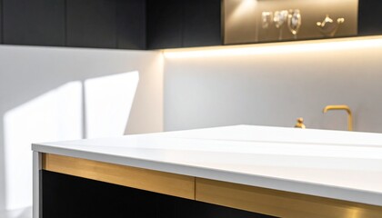 empty white counter top in a luxurious minimalistic kitchen, contemporary style, modern house for sale