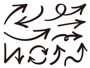 手描きの矢印のセット。シンプルな線の矢印マーク。ベクターアイコン。色んな種類のカーソル。