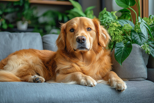 A adorable golden retriever dog relaxing on a cozy gray sofa surrounded by lush green houseplants.