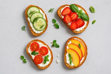 Delicious crostini topped with feta, fresh vegetables, fruits, and herbs on a neutral background from a top-down perspective with space for text.
