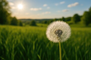 Soft dandelion bloom with a summer scenery backdrop