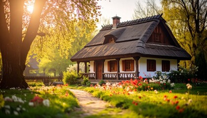 Old European folklore cottage. Traditional central European countryside. Fairy tale look