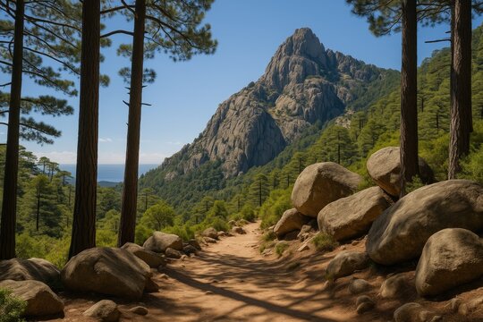 Journey along a hiking path leading to a well-known waterfall, with towering boulders and a rugged mountain summit in the background, silhouetted by pine tree trunks